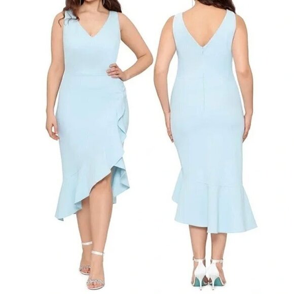Xscape Size 14W Plus Aqua Blue Ruffled Midi Sleeveless Sheath Dress V Neck NWT - Picture 3 of 13